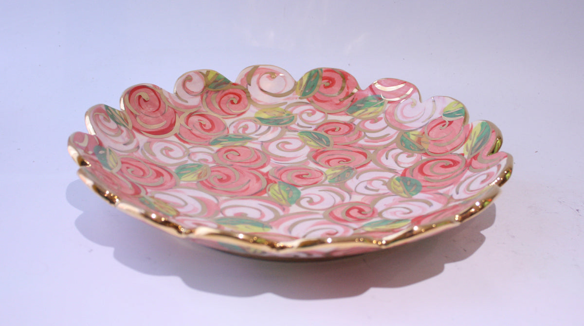 Fluted Serving Dish Pink Rosebush - MaryRoseYoung