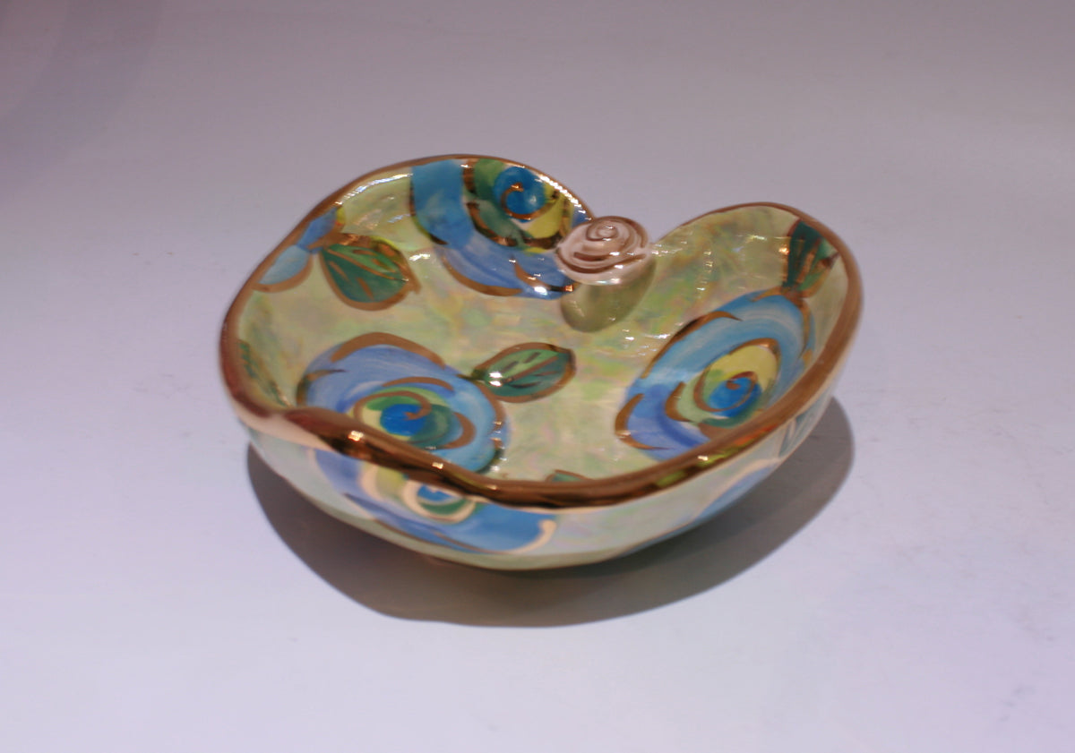 Heart Shaped Bowl Blue Roses on Mint - MaryRoseYoung