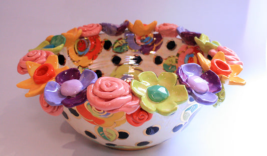 Large Multiflower Encrusted Bowl Gold New Rose Black Dot - MaryRoseYoung