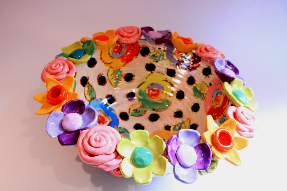 Large Multiflower Encrusted Bowl Gold New Rose Black Dot - MaryRoseYoung