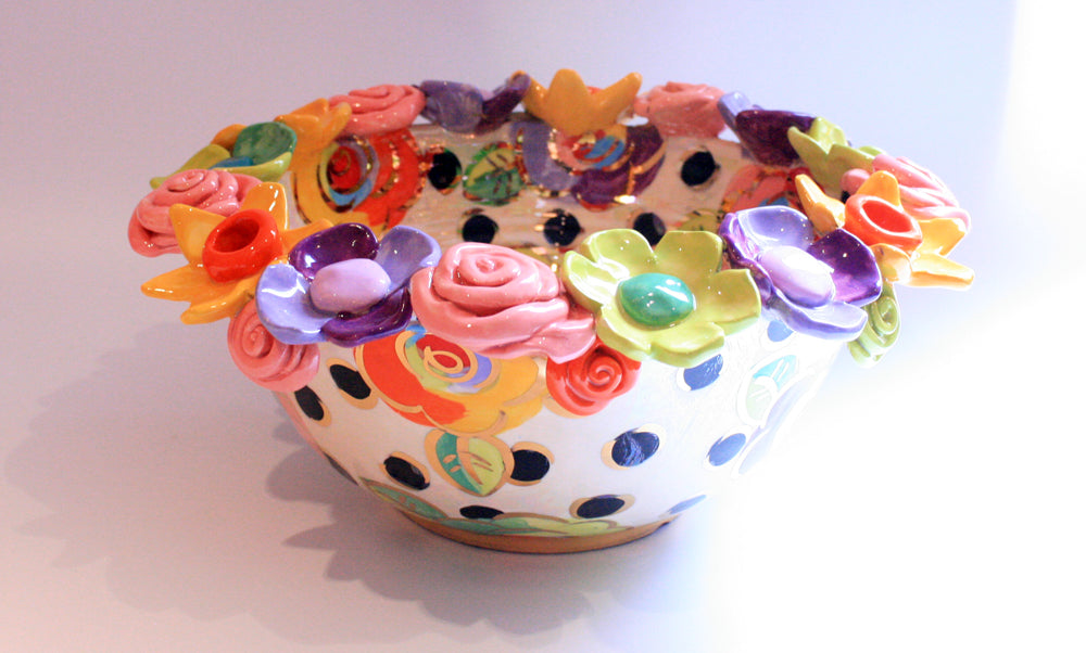 Large Multiflower Encrusted Bowl Gold New Rose Black Dot - MaryRoseYoung