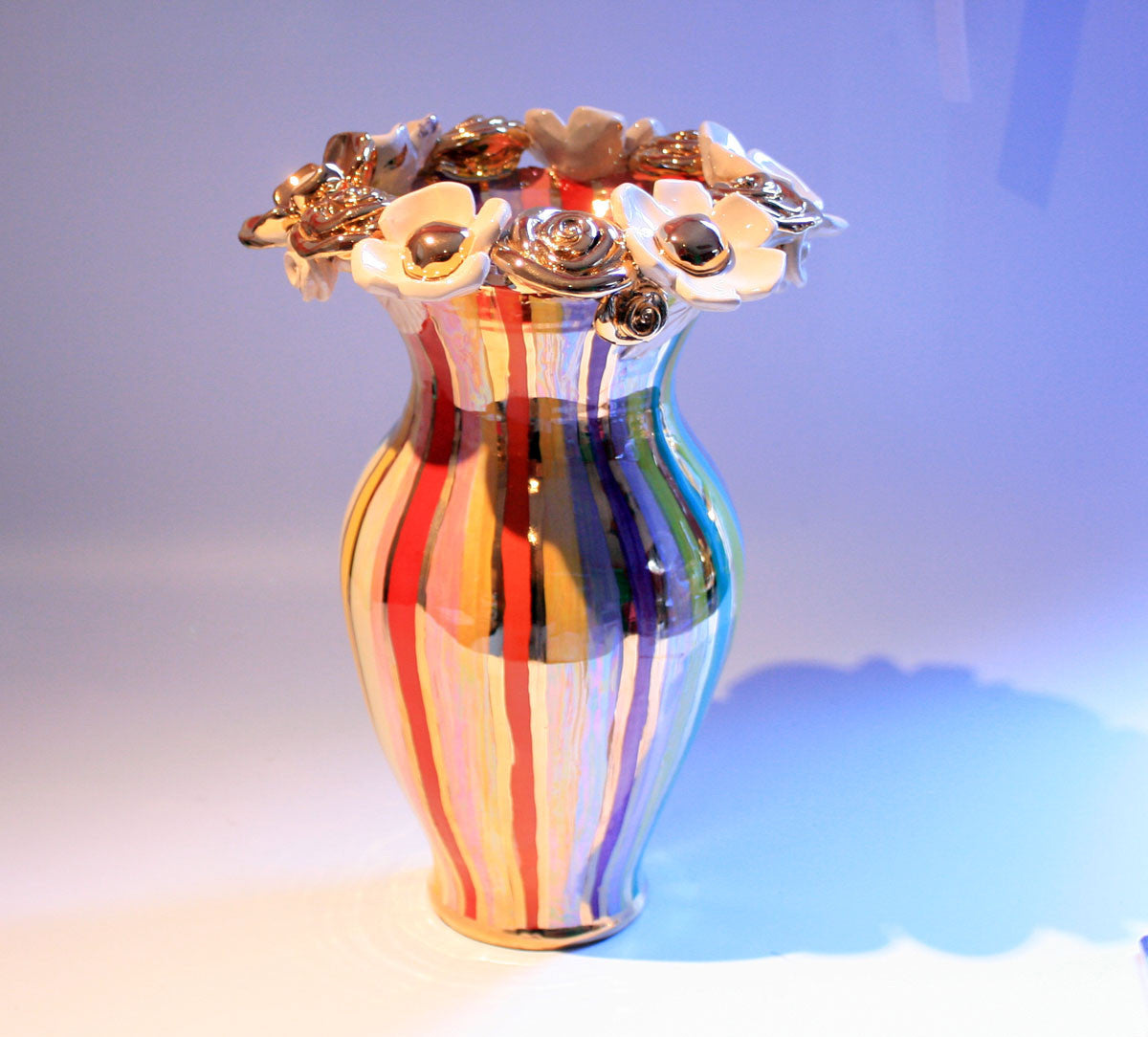 Large Multiflower Encrusted Vase Lustred Stripe - MaryRoseYoung