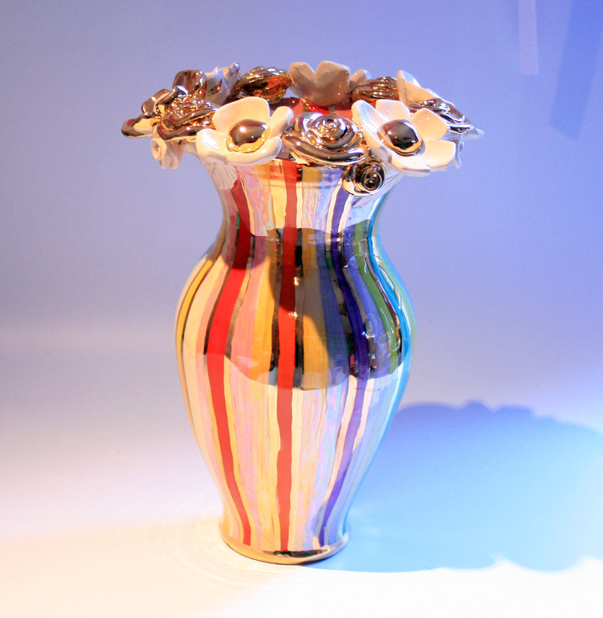 Large Multiflower Encrusted Vase Lustred Stripe - MaryRoseYoung