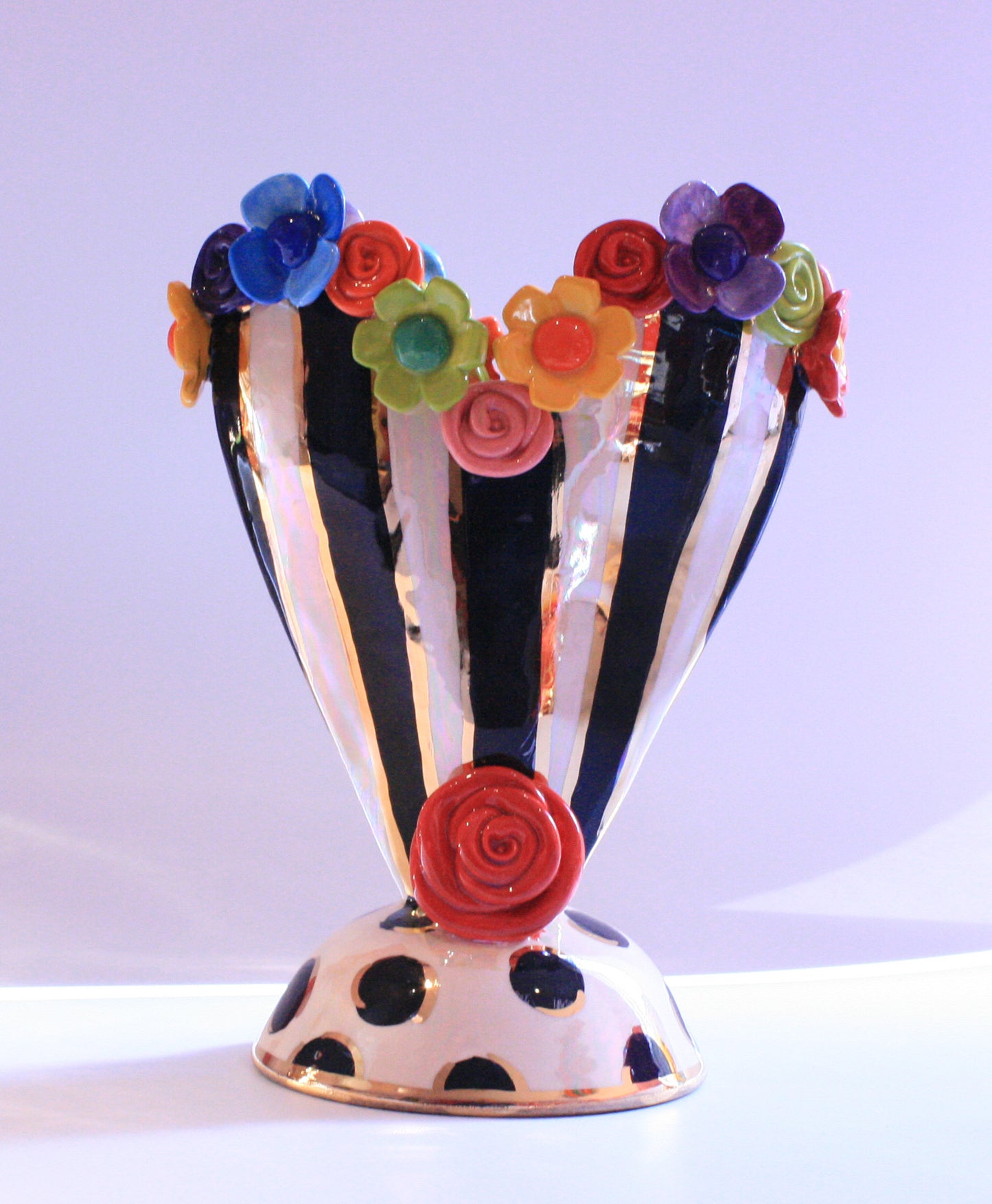 Multi Flower Encrusted Heart Vase Black & White Stripe - MaryRoseYoung