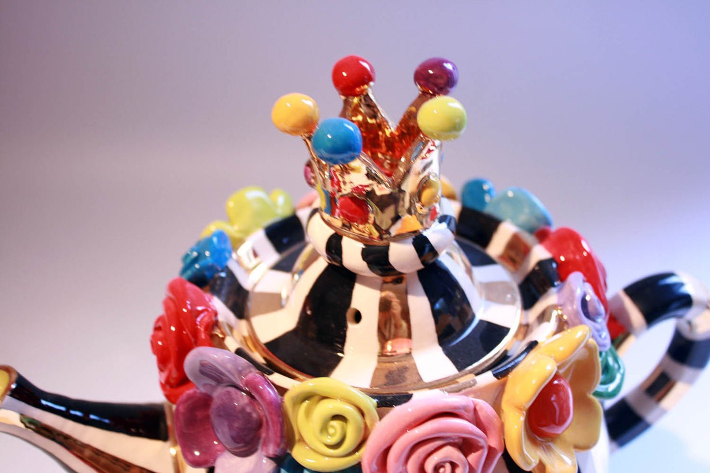 Multiflower Encrusted Crown Lidded Teapot Black and Gold and White Stripes - MaryRoseYoung