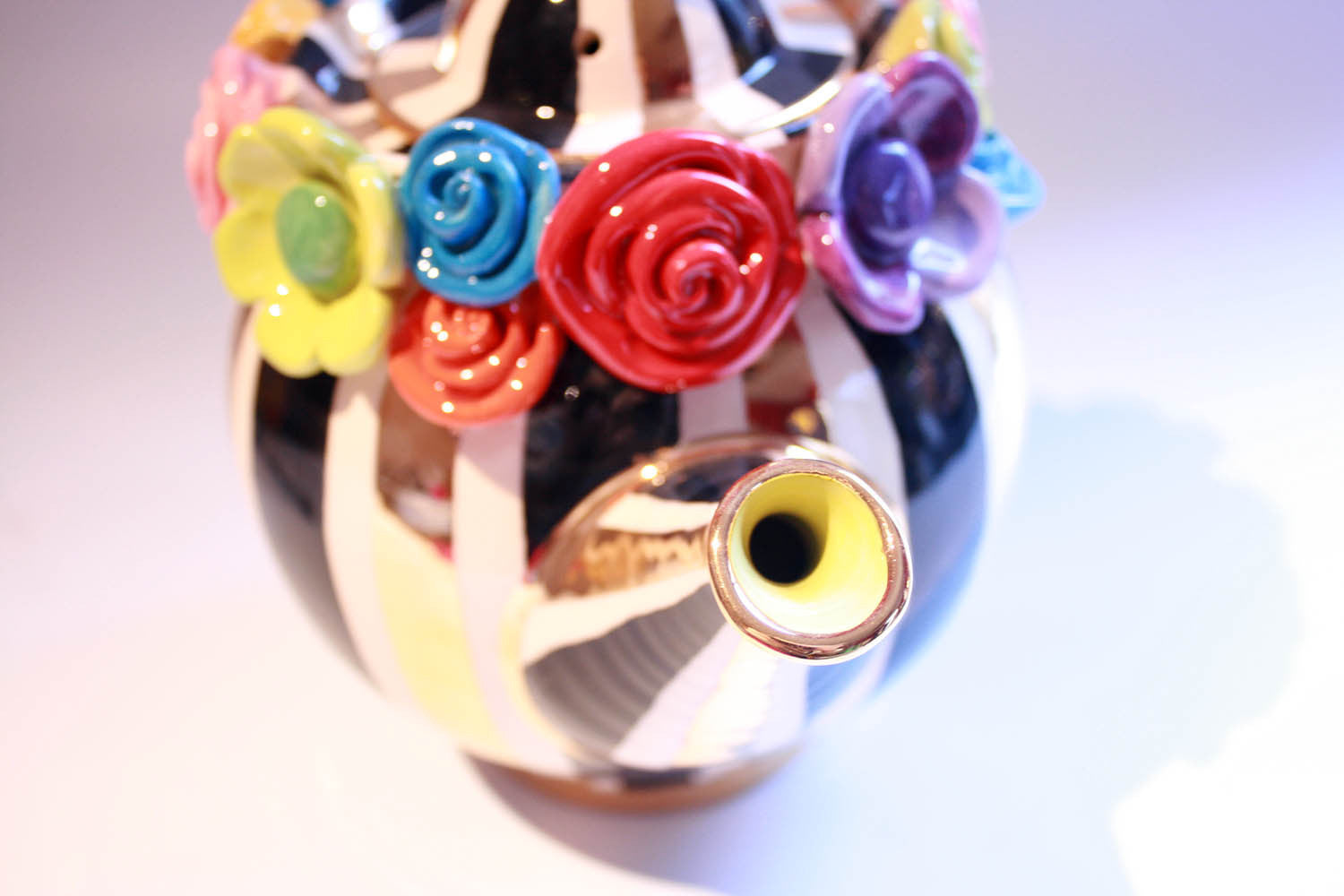 Multiflower Encrusted Crown Lidded Teapot Black and Gold and White Stripes - MaryRoseYoung