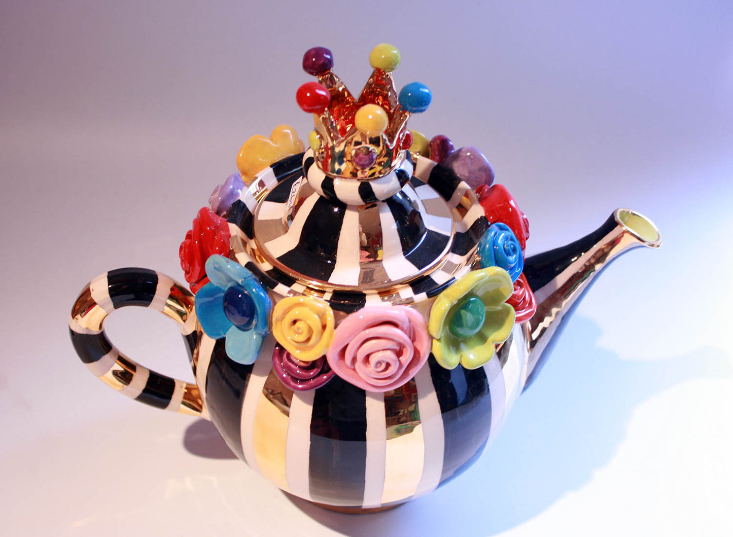 Multiflower Encrusted Crown Lidded Teapot Black and Gold and White Stripes - MaryRoseYoung