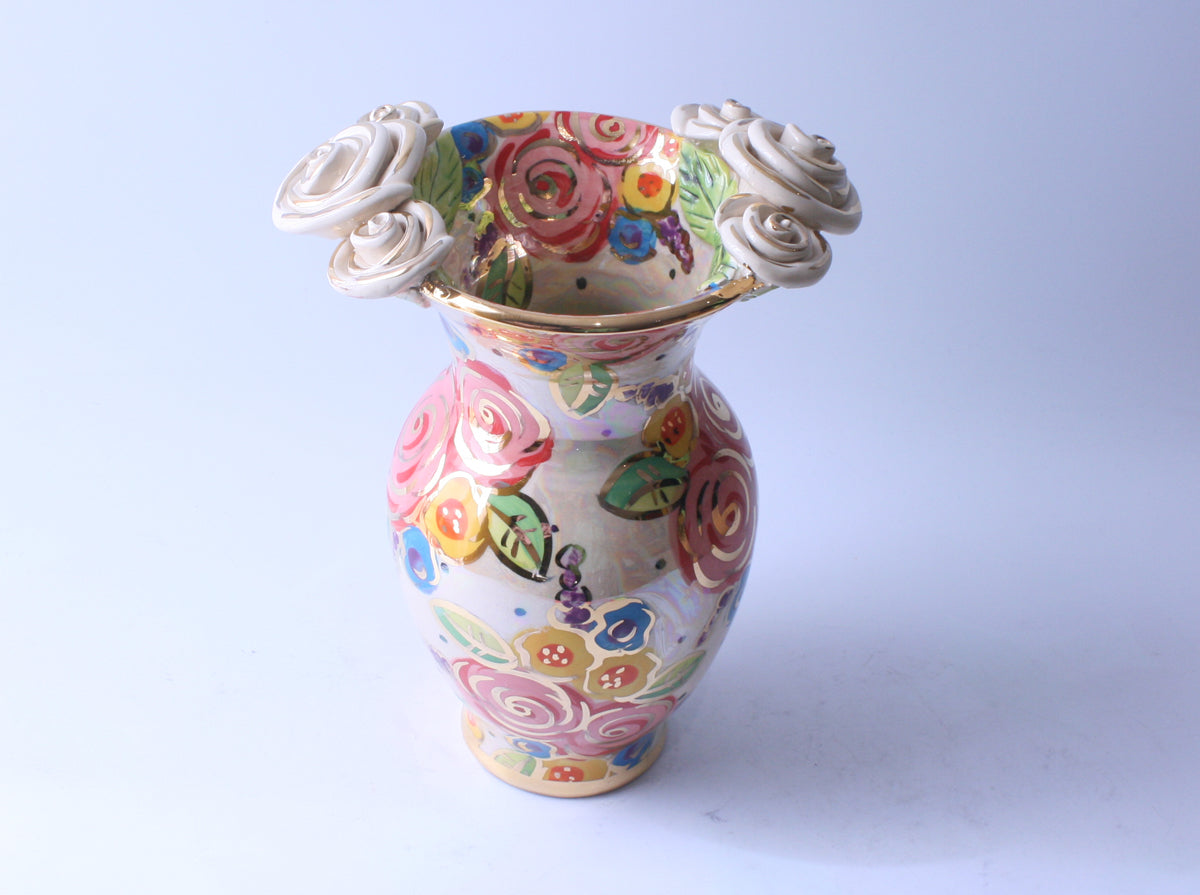 Medium Rose Edged Vase Vintage Floral - MaryRoseYoung