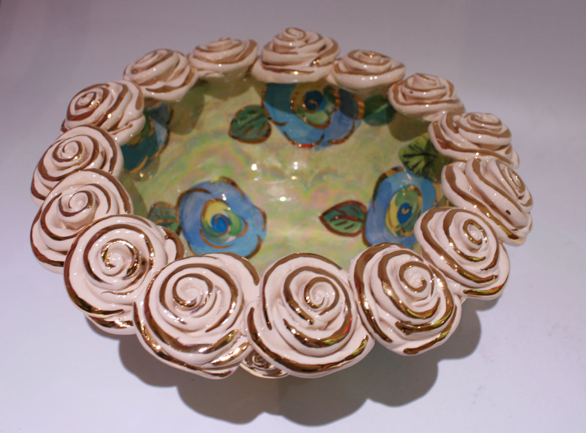 Rose Encrusted Bowl Blue GNR on Mint - MaryRoseYoung