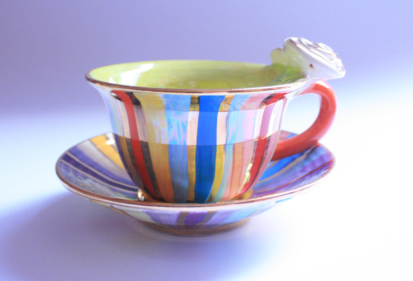 Rose Handled Cup and Saucer Lustred Stripe - MaryRoseYoung