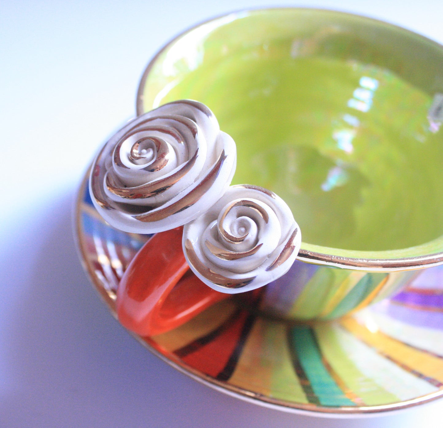 Rose Handled Cup and Saucer Lustred Stripe - MaryRoseYoung