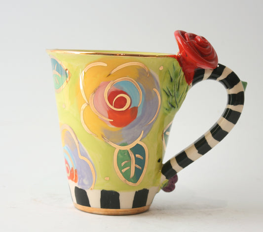 Rose Handled Mug Gold New Rose Green with Black and White Detail - MaryRoseYoung