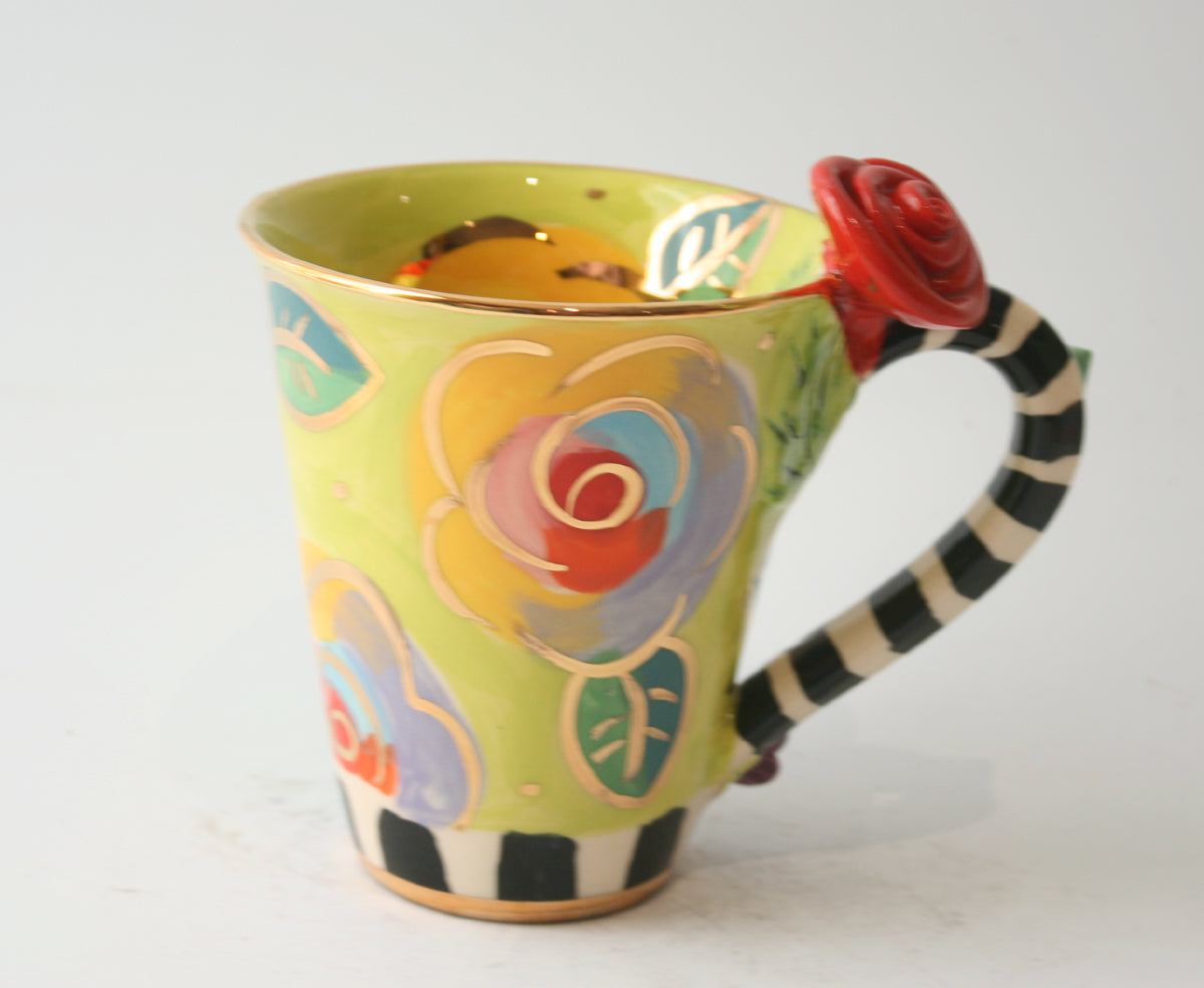 Rose Handled Mug Gold New Rose Green with Black and White Detail - MaryRoseYoung