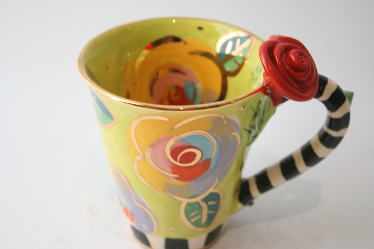 Rose Handled Mug Gold New Rose Green with Black and White Detail - MaryRoseYoung