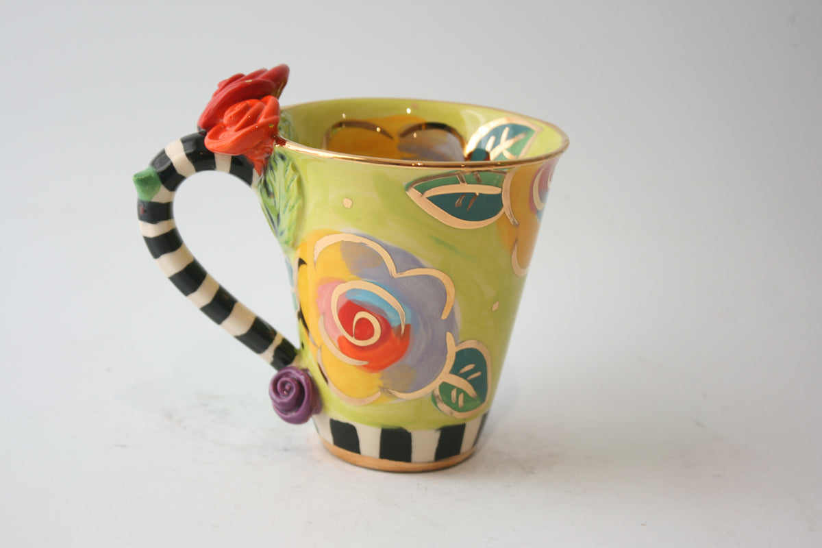Rose Handled Mug Gold New Rose Green with Black and White Detail - MaryRoseYoung