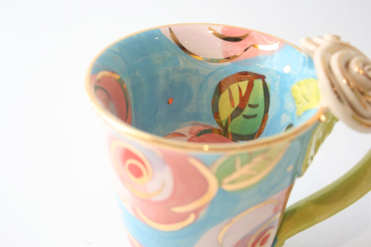 Rose Handled Mug Pink Roses on Blue - MaryRoseYoung