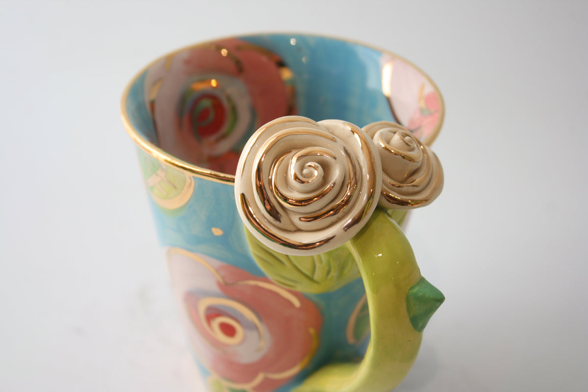 Rose Handled Mug Pink Roses on Blue - MaryRoseYoung
