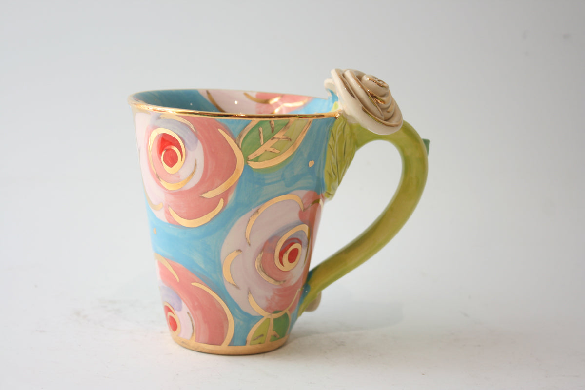Rose Handled Mug Pink Roses on Blue - MaryRoseYoung