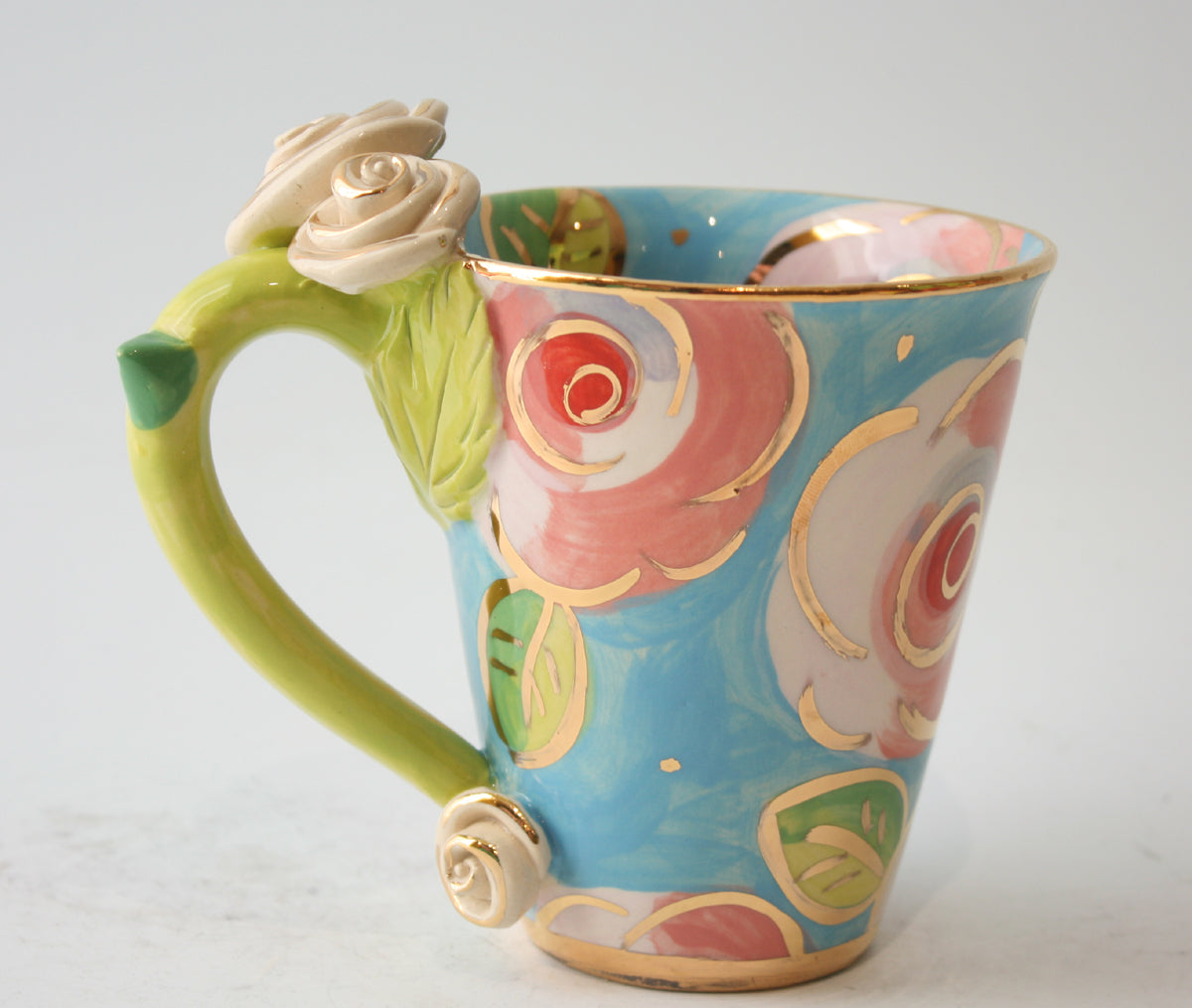 Rose Handled Mug Pink Roses on Blue - MaryRoseYoung