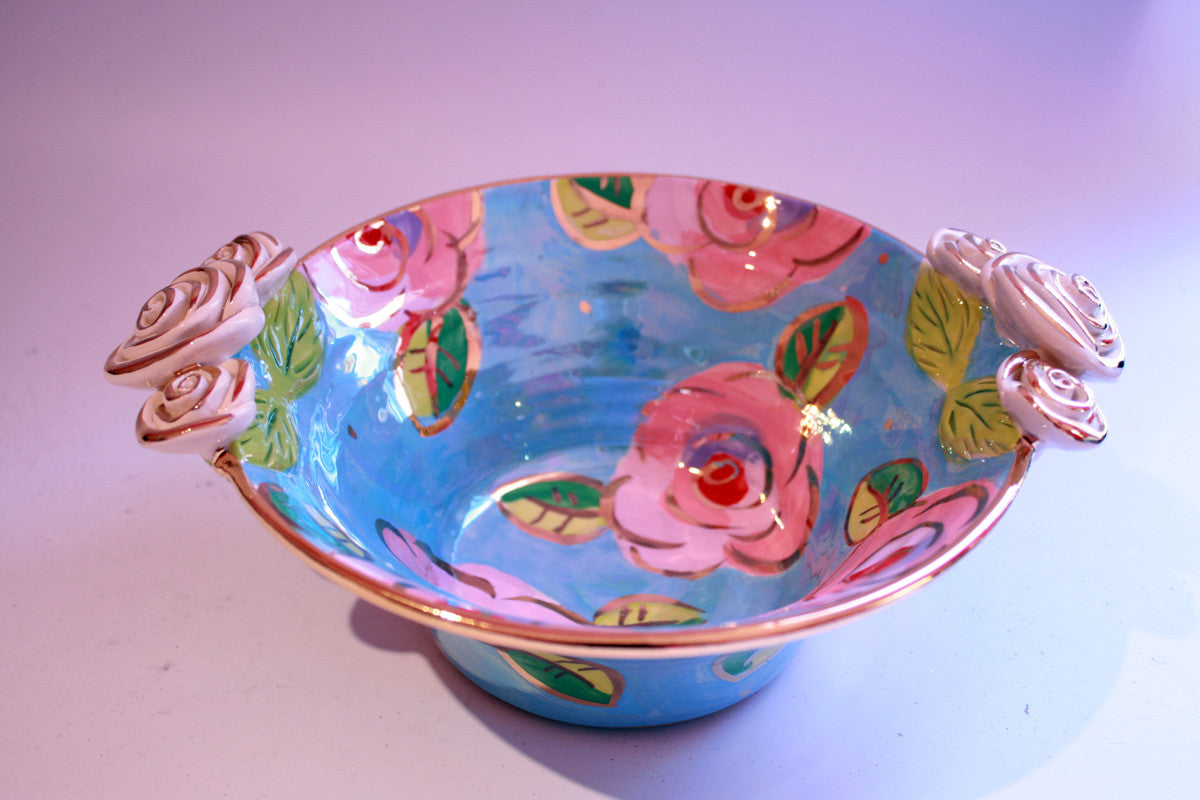 Small Rose Edged Serving Bowl Pink/Blue Roses - MaryRoseYoung