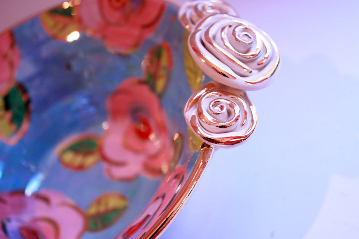 Small Rose Edged Serving Bowl Pink/Blue Roses - MaryRoseYoung