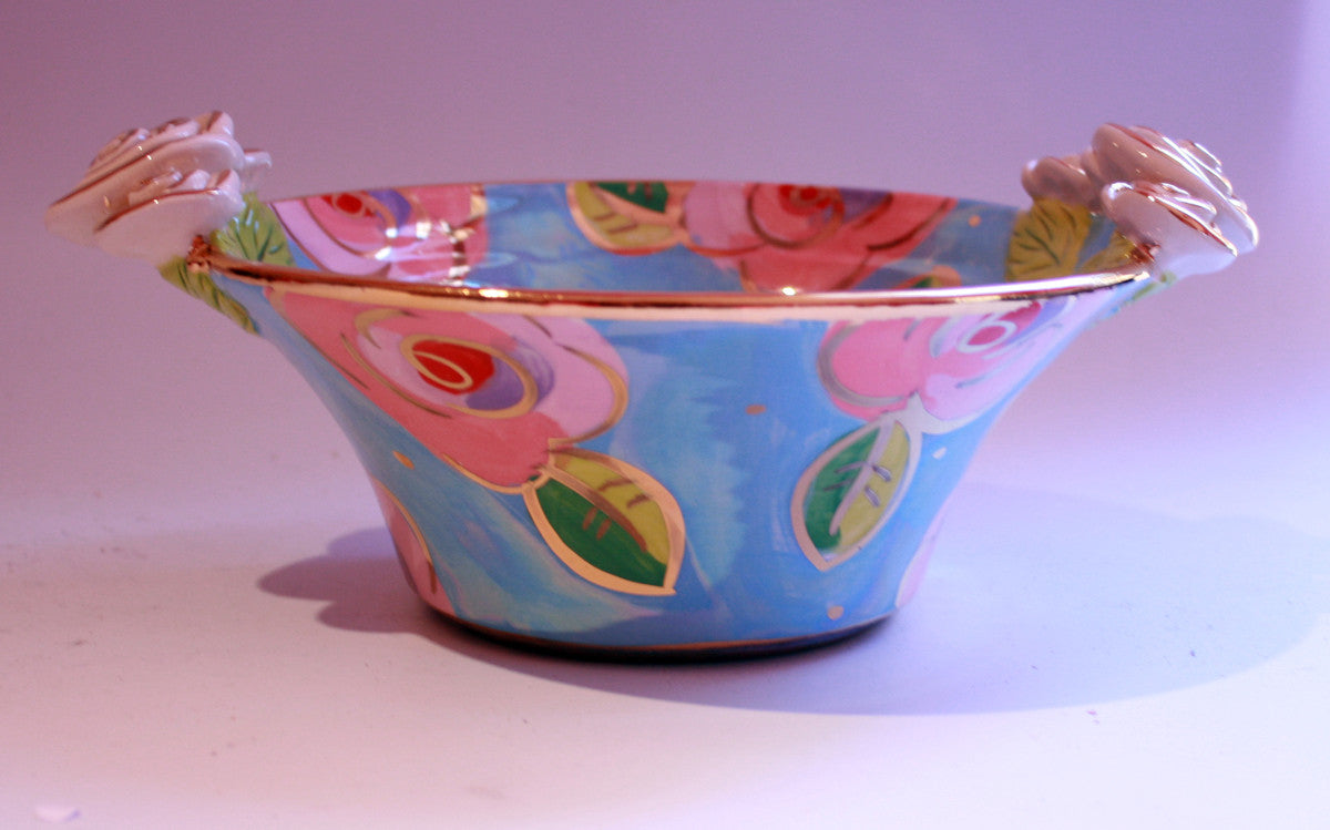 Small Rose Edged Serving Bowl Pink/Blue Roses - MaryRoseYoung