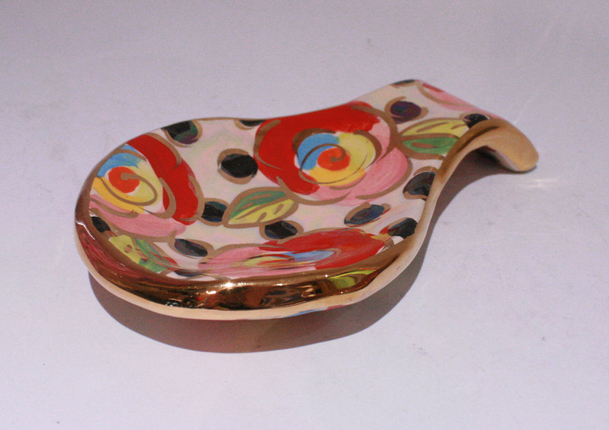 Spoon Rest Gold New Rose Black Dot - MaryRoseYoung