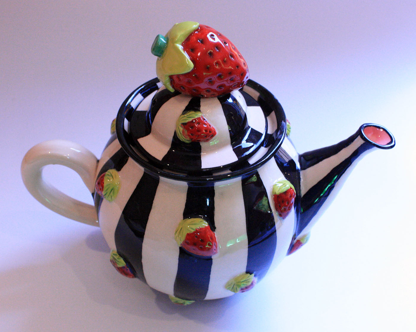 Medium Strawberry Studded Teapot with Black & White Stripes - MaryRoseYoung