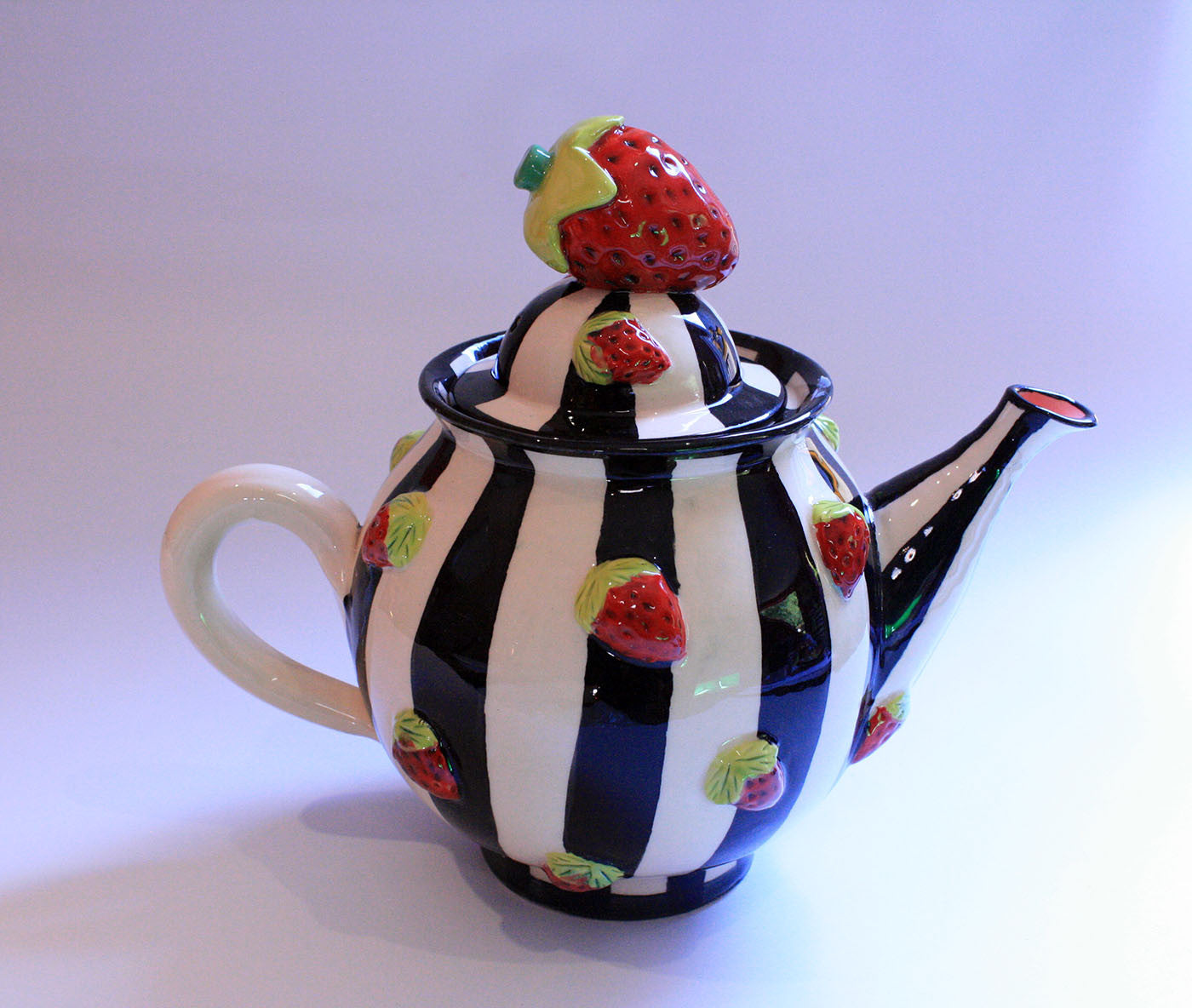 Medium Strawberry Studded Teapot with Black & White Stripes - MaryRoseYoung