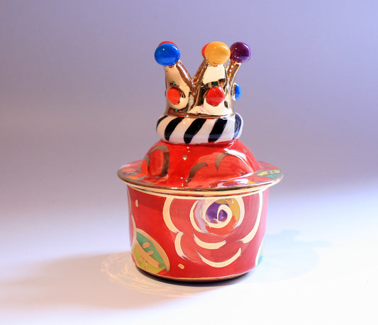Tiny Crown Lidded Pot Roses on Red - MaryRoseYoung