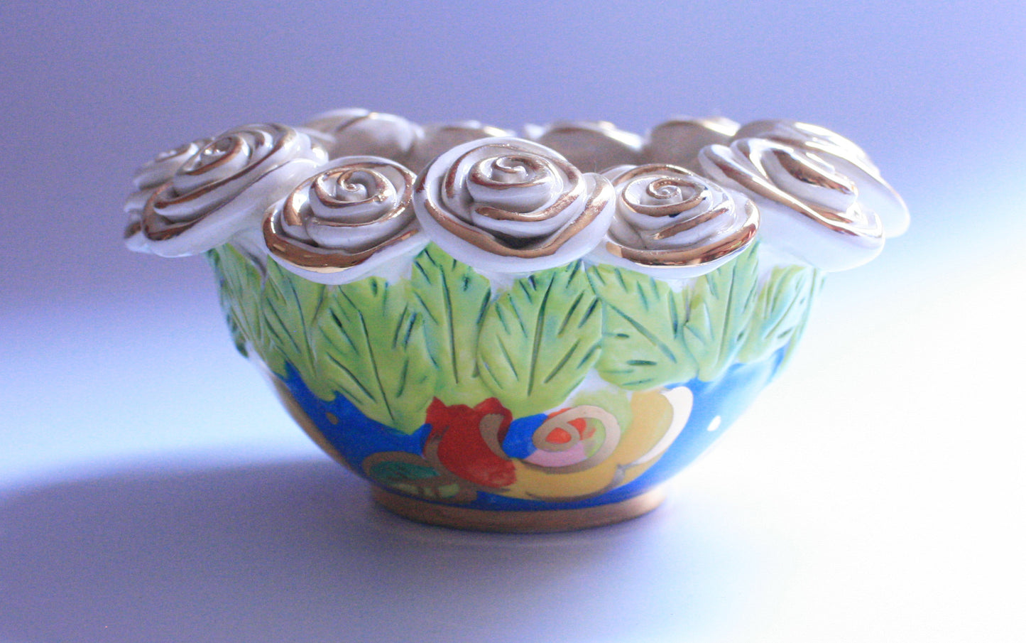 Tiny Rose Encrusted Bowl "Blue New Rose" - MaryRoseYoung