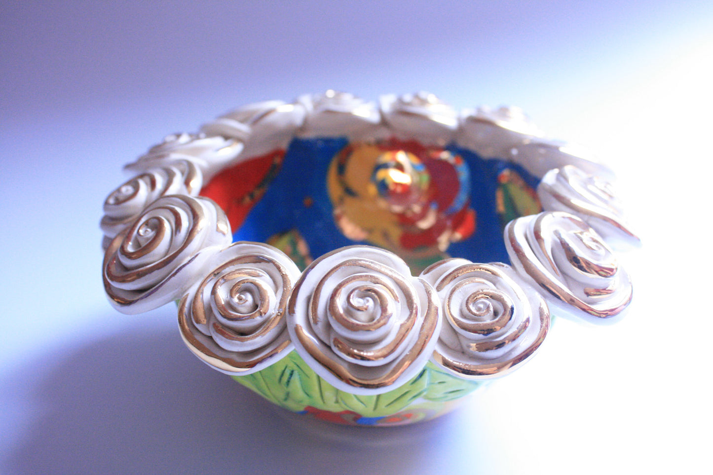 Tiny Rose Encrusted Bowl "Blue New Rose" - MaryRoseYoung