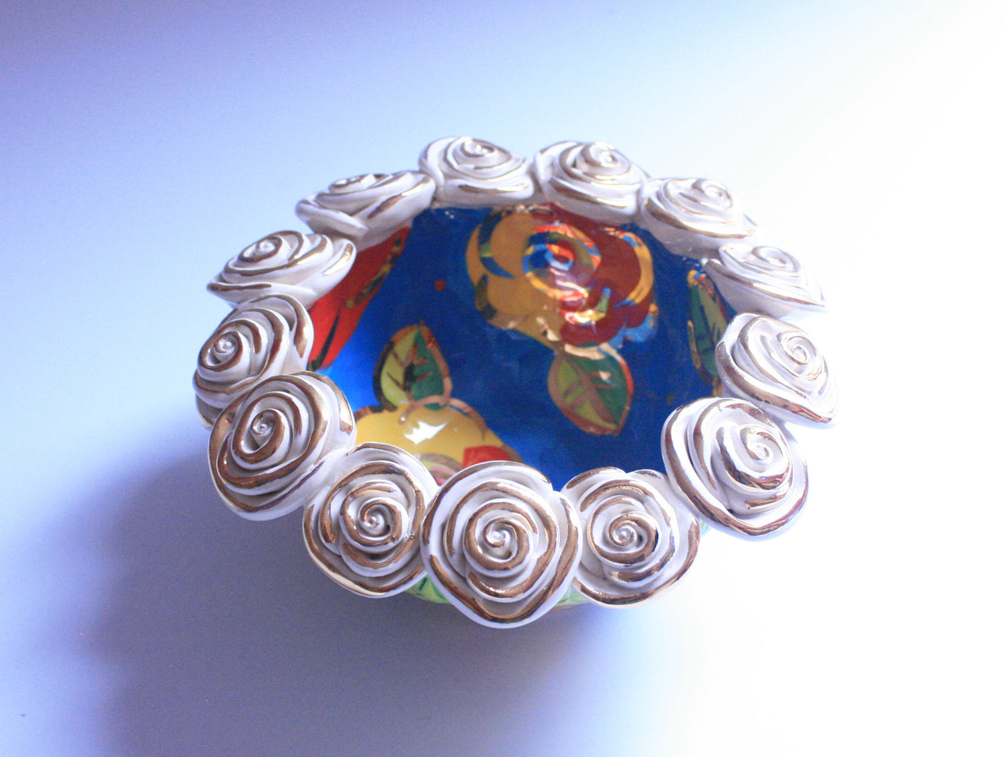 Tiny Rose Encrusted Bowl "Blue New Rose" - MaryRoseYoung