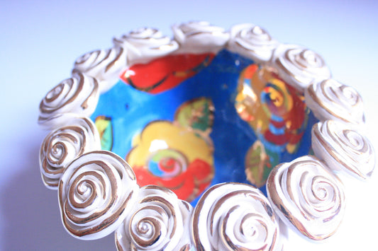 Tiny Rose Encrusted Bowl "Blue New Rose" - MaryRoseYoung