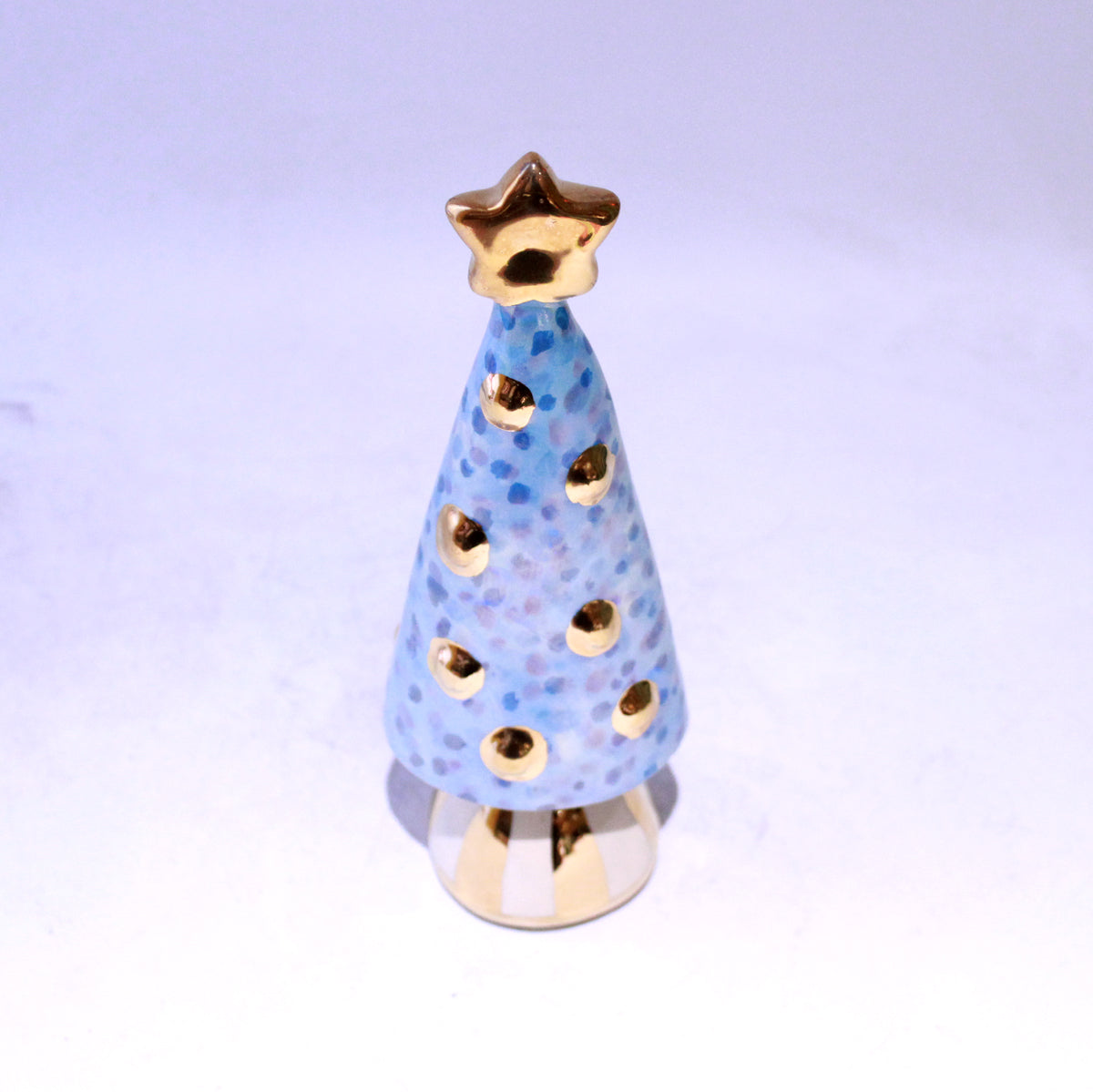 Small Christmas Tree in Blue Confetti with Gold Striped Base
