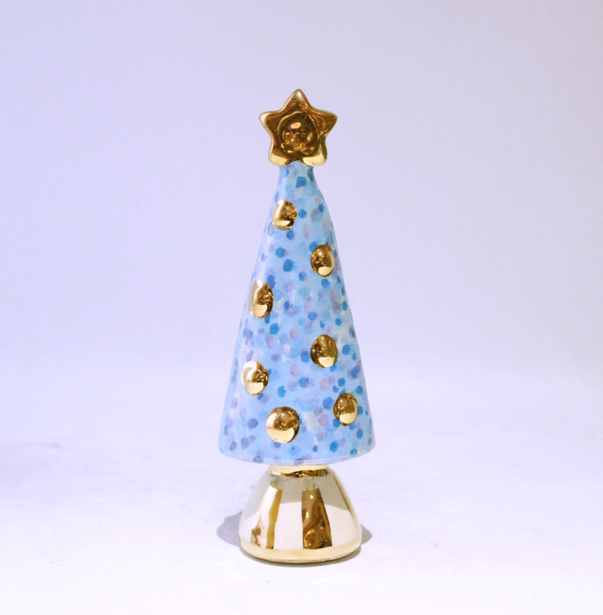 Small Christmas Tree in Blue Confetti with Gold Striped Base
