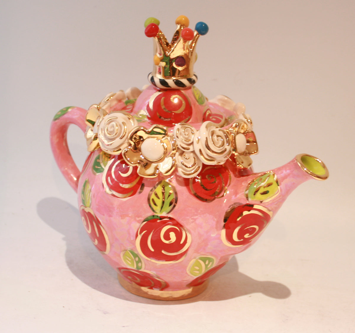 Crown Lidded Multiflower Encrusted Medium Teapot in Rose Red
