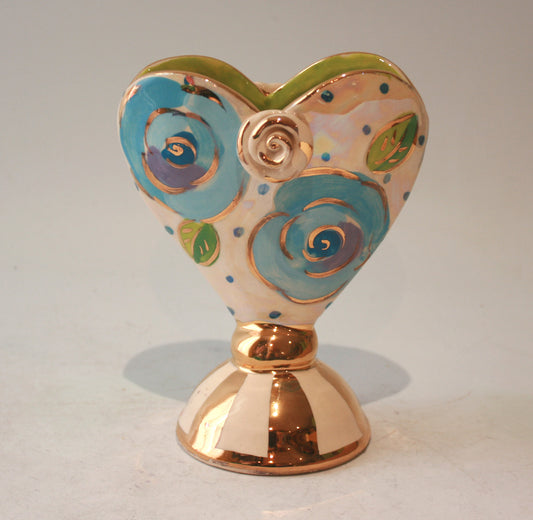 Baby Heart Vase in Gold New Rose on Blue Dots