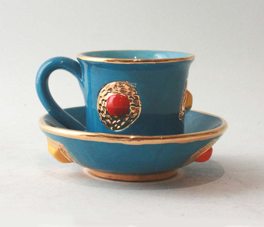 Jewelled Demi-Tasse and Saucer in Blue