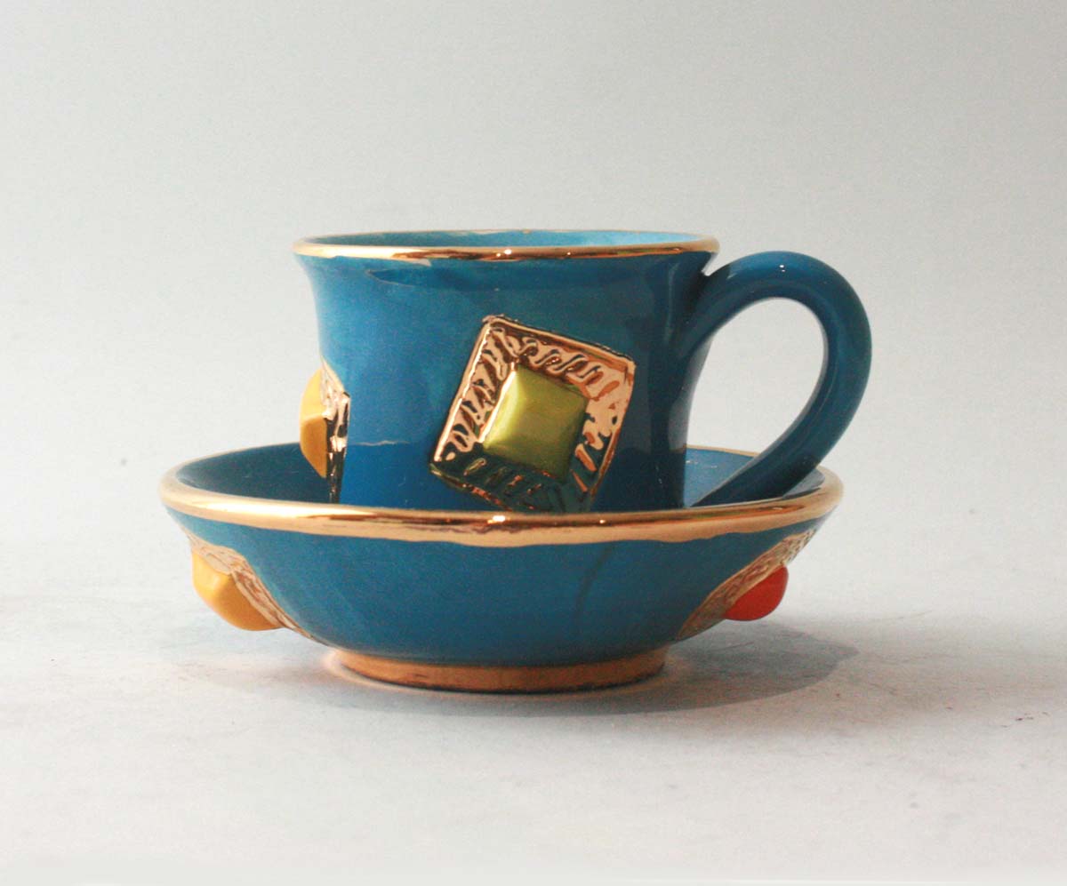 Jewelled Demi-Tasse and Saucer in Blue