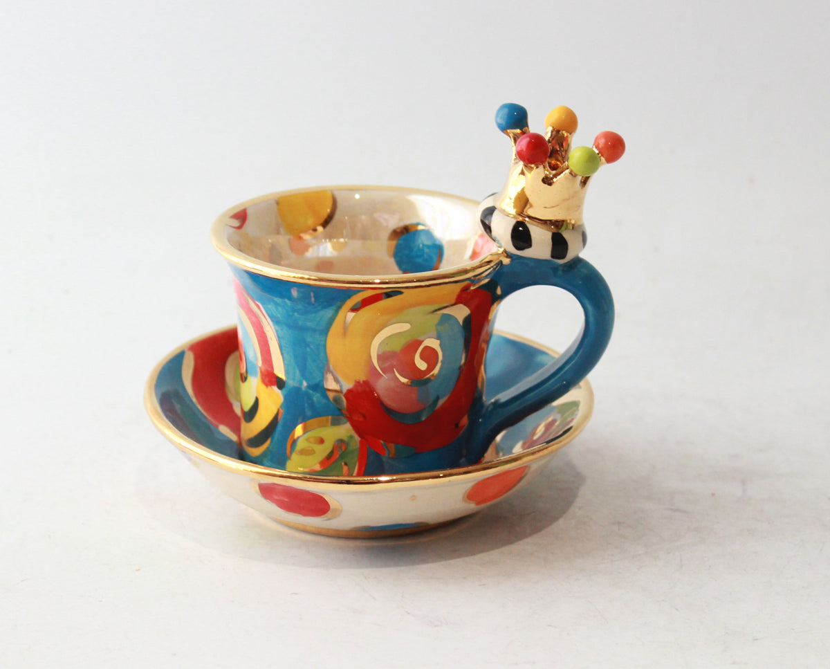 Crown Handled Demi Tasse and Saucer in Gold New Rose Blue