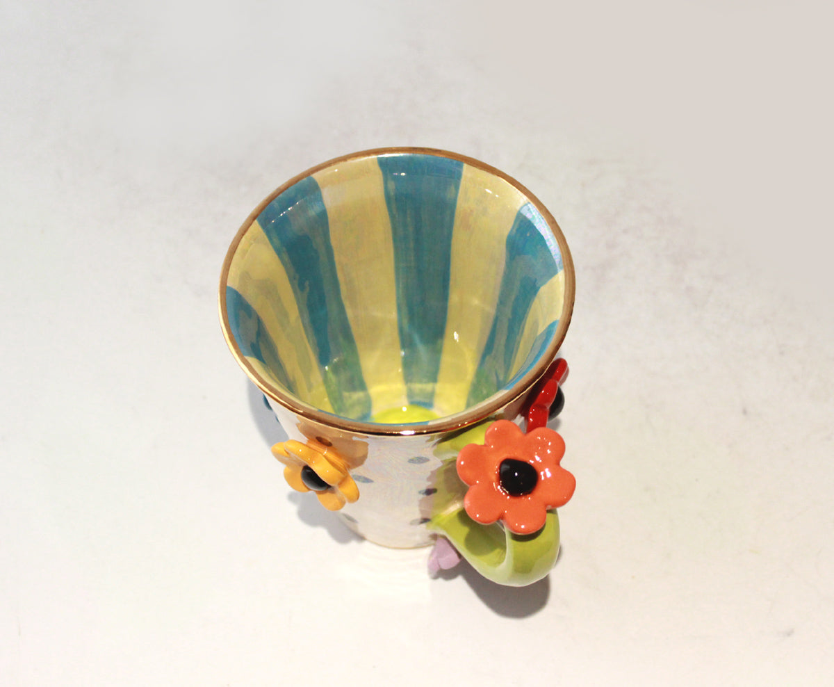 Daisy Studded Mug in Polka with Blue Stripes