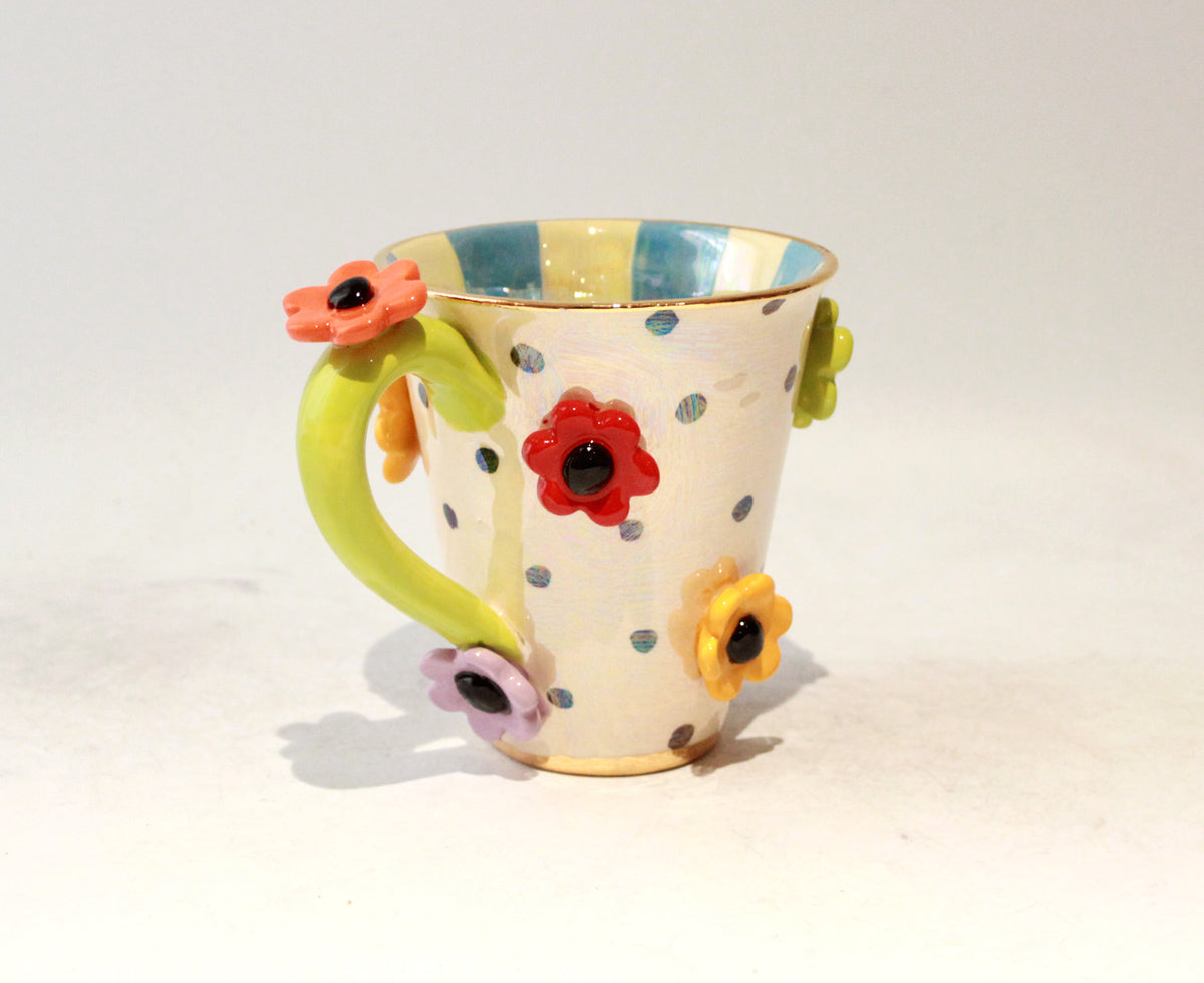 Daisy Studded Mug in Polka with Blue Stripes