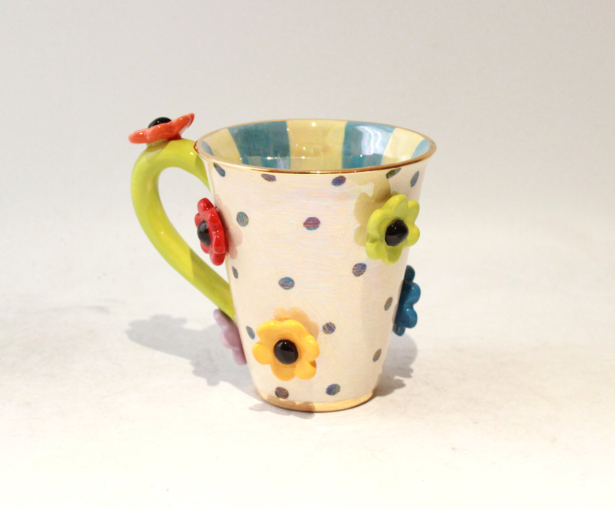 Daisy Studded Mug in Polka with Blue Stripes