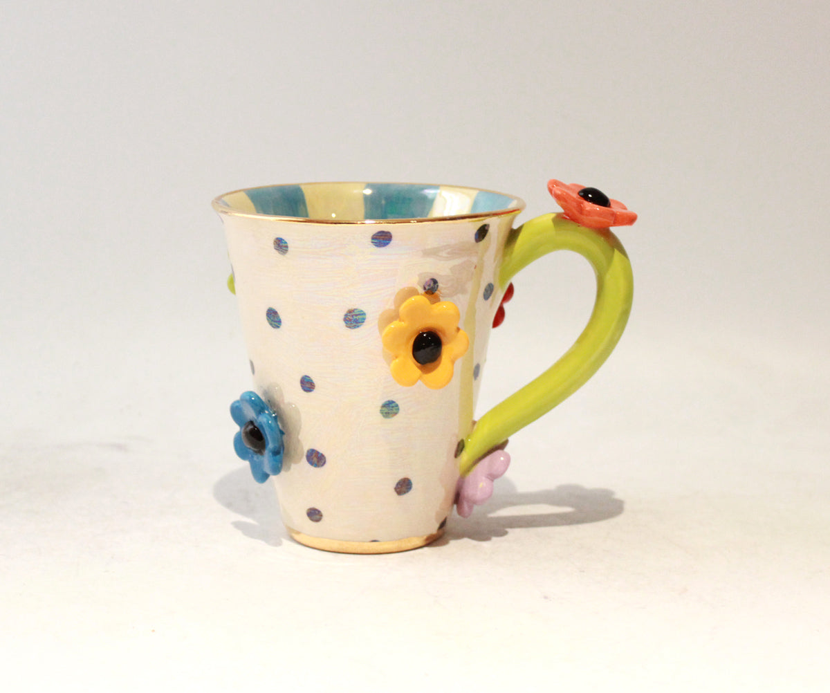 Daisy Studded Mug in Polka with Blue Stripes
