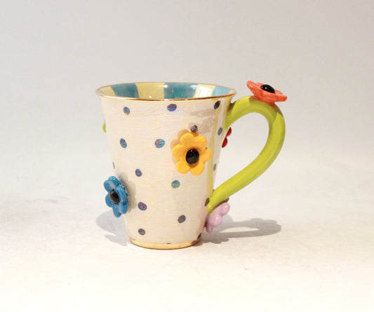 Daisy Studded Mug in Polka with Blue Stripes