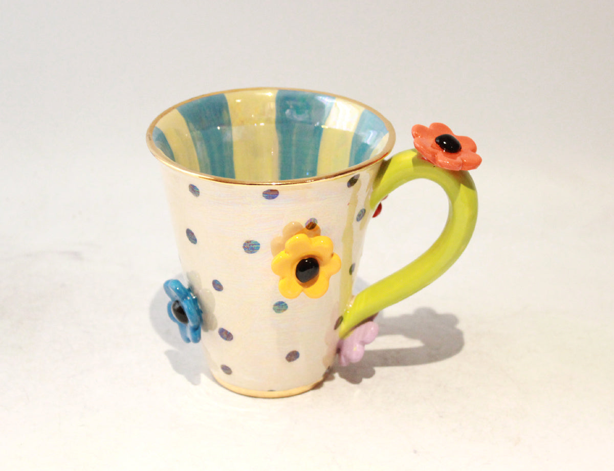 Daisy Studded Mug in Polka with Blue Stripes