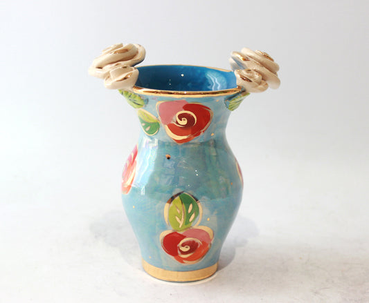 Tiny Rose Edged Vase in Rosebud on Iridescent Blue