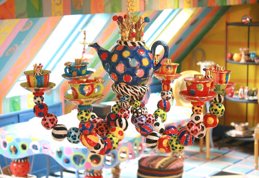 Six Armed Teaset Chandelier in Blue Smarties