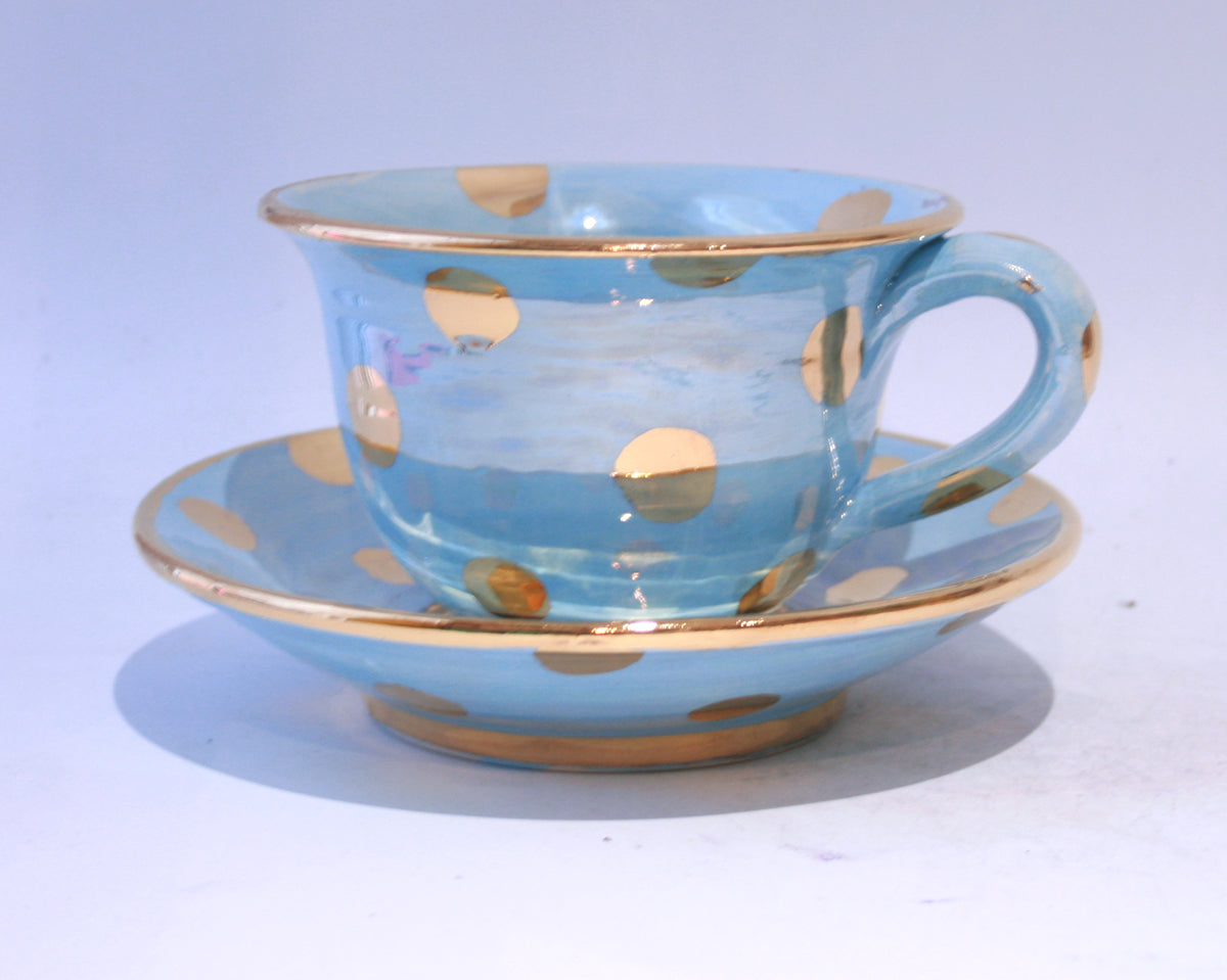 Blue Cup and Saucer in Gold Dots